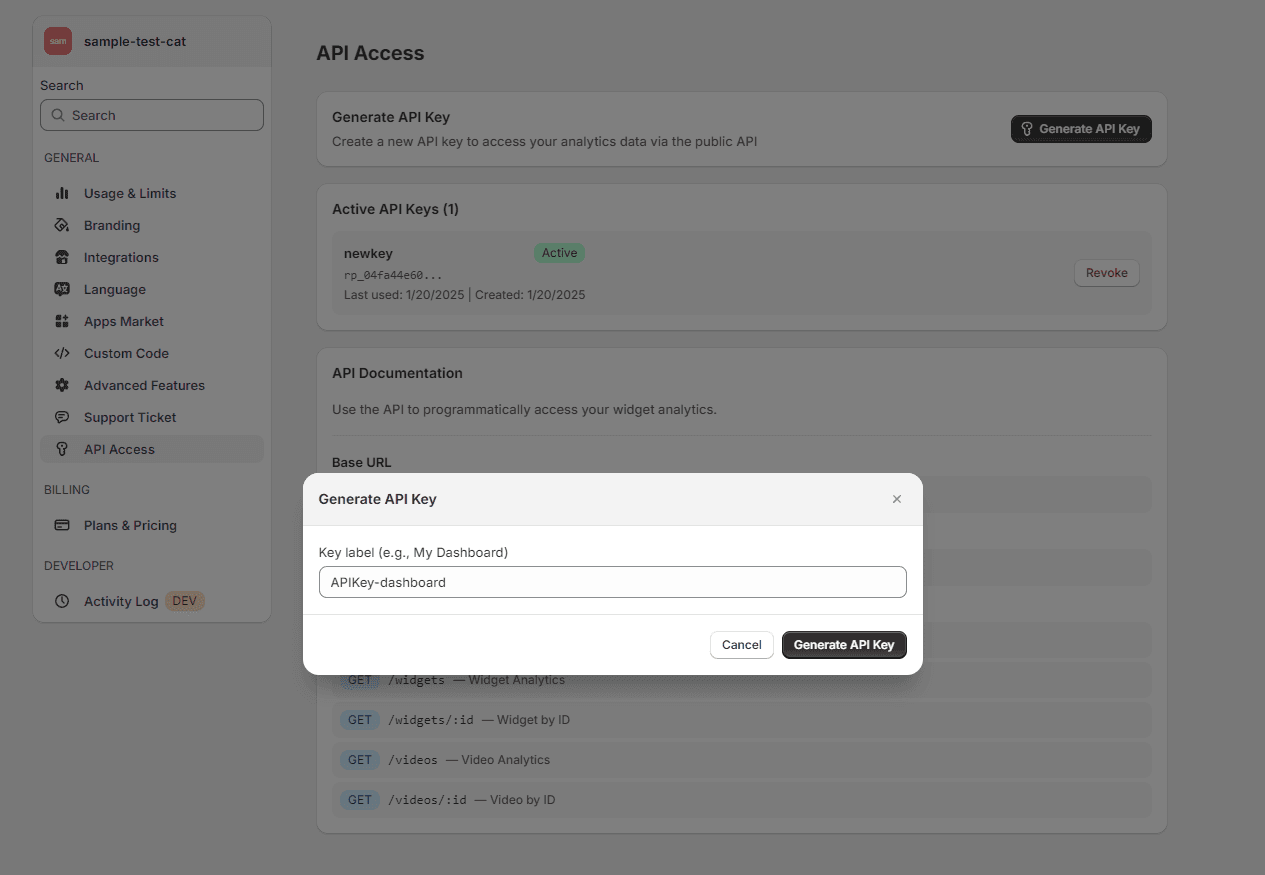 Generate API Key dialog
